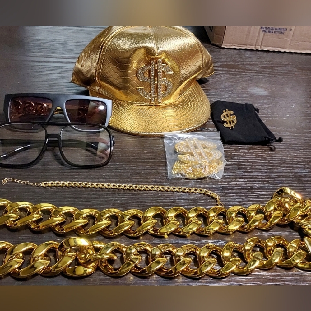 Gold Dollar Sign Cap and Accessories Set 80's Swag